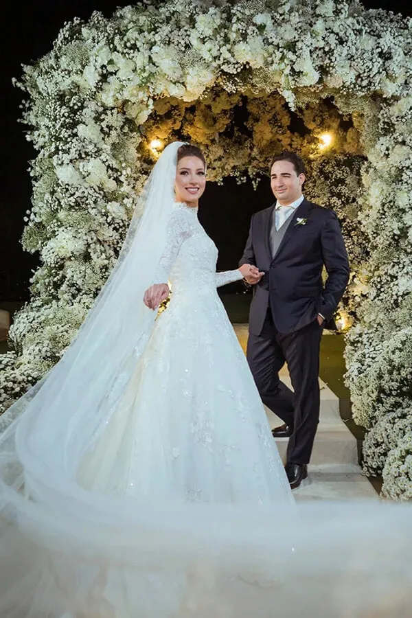 Tulle A-line High Neck Lace Appliques Long Sleeves Boho Wedding Dress, MW1013