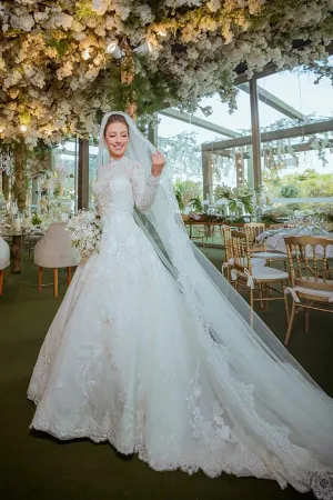 Tulle A-line High Neck Lace Appliques Long Sleeves Boho Wedding Dress, MW1013