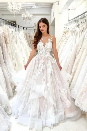 Tulle A-line Illusion Sleeveless Lace Appliques Wedding Dresses With Train, MW803