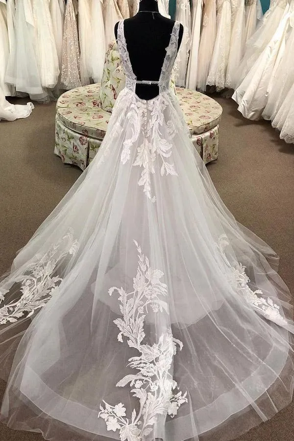 Tulle A-line Lace Appliqued Deep V-neck Court Train Wedding Dresses, MW924