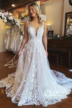Tulle A-line Spaghetti Straps Backless Lace Appliques Wedding Dresses, MW905
