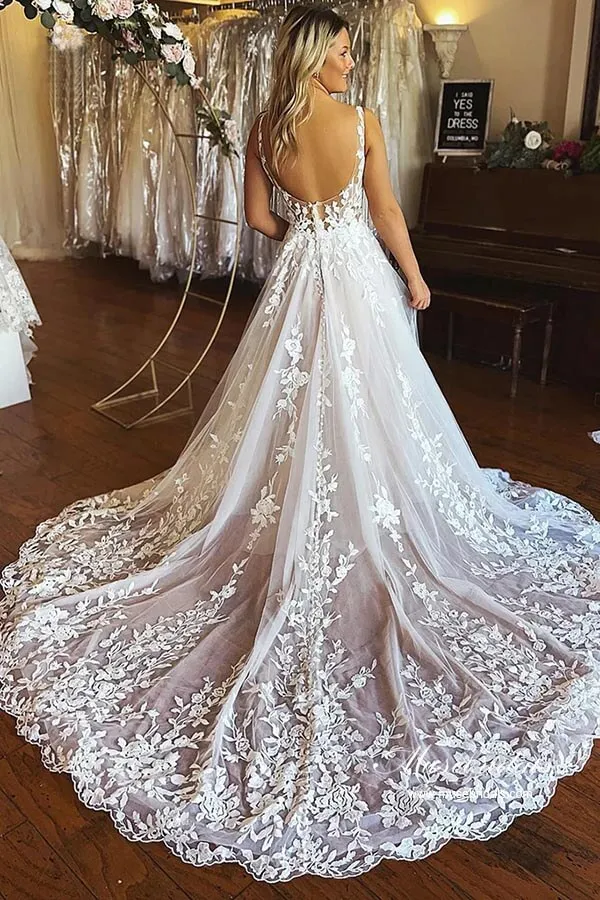 Tulle A-line Spaghetti Straps Backless Lace Appliques Wedding Dresses, MW905