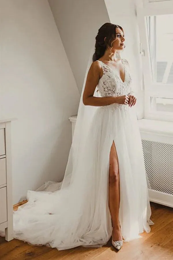 Tulle A-line V-neck Lace Wedding Dress With Side Slit, Wedding Gown, MW808