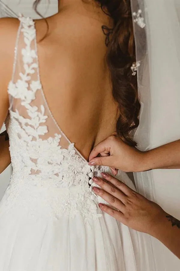 Tulle A-line V-neck Lace Wedding Dress With Side Slit, Wedding Gown, MW808