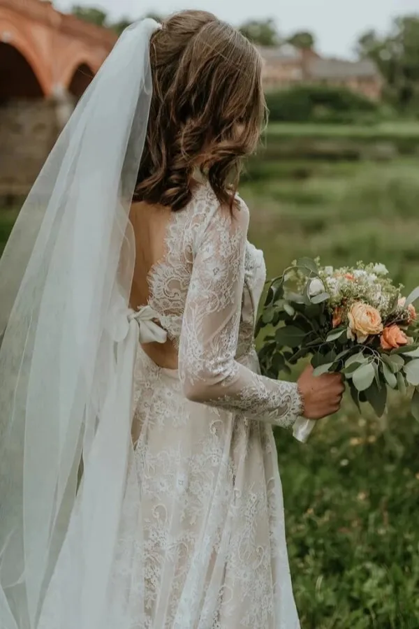 Tulle A-line V-neck Long Sleeves Lace Boho Wedding Dresses, Bridal Gown, MW1059
