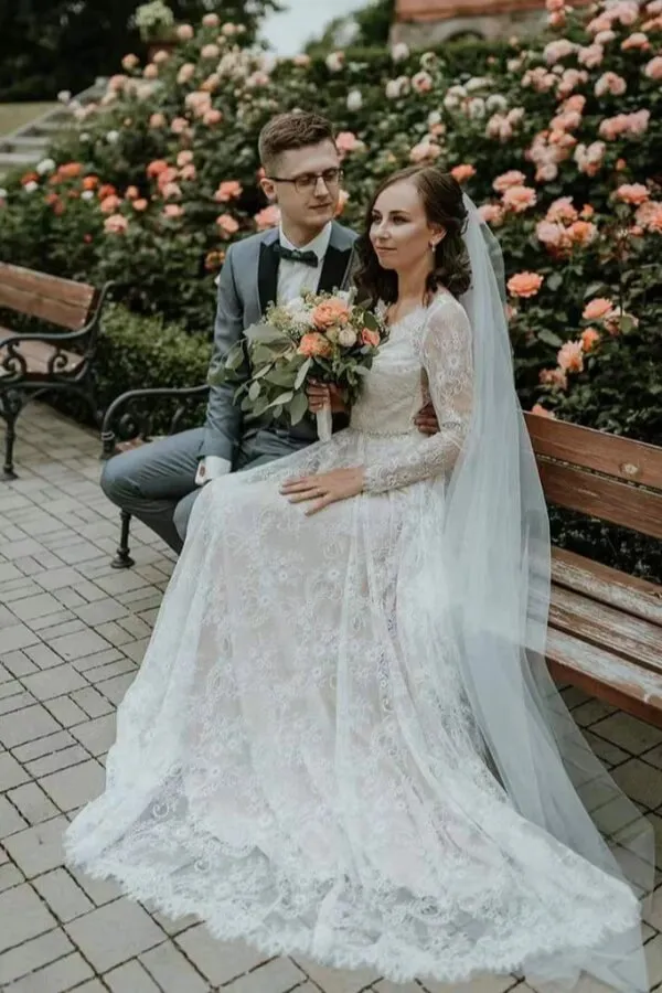 Tulle A-line V-neck Long Sleeves Lace Boho Wedding Dresses, Bridal Gown, MW1059