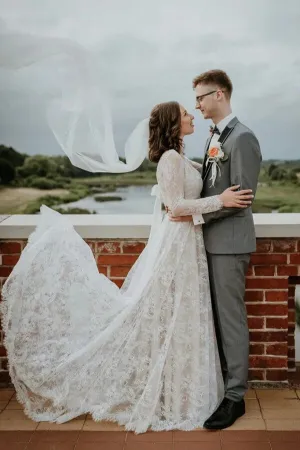 Tulle A-line V-neck Long Sleeves Lace Boho Wedding Dresses, Bridal Gown, MW1059