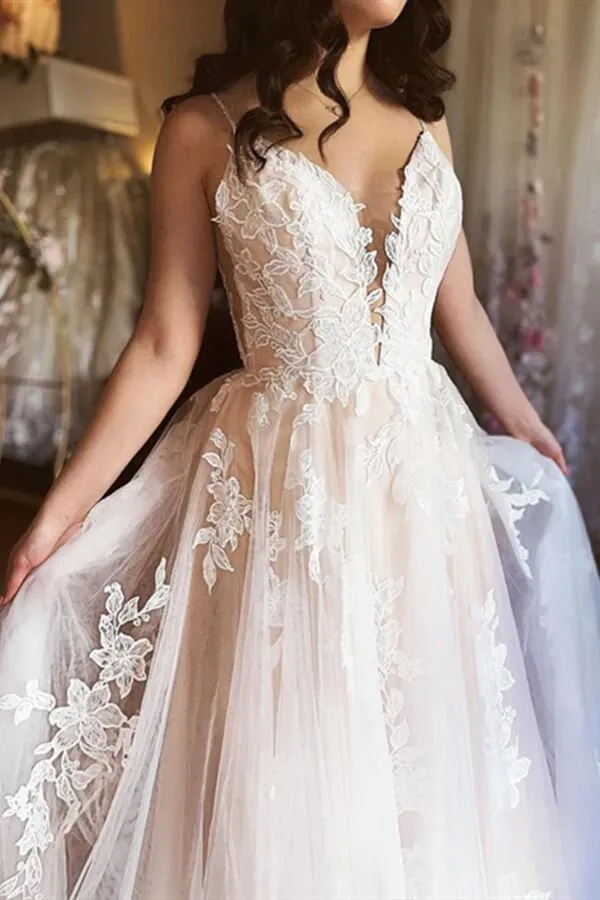 Tulle A-line V-neck Spaghetti Straps Wedding Dresses With Lace Appliques, MW759