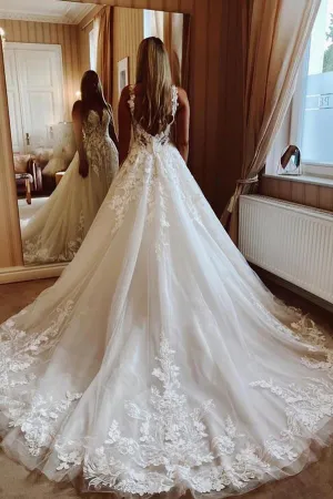 Tulle Ball Gown V-neck Lace Appliques Wedding Dresses, Bridal Gown, MW876