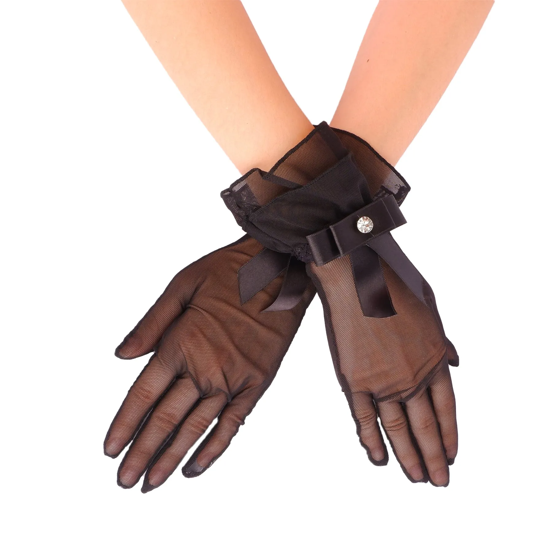 Tulle Bridal Gloves with Ribbons Ankle Length Tulle Wedding Gloves for Women