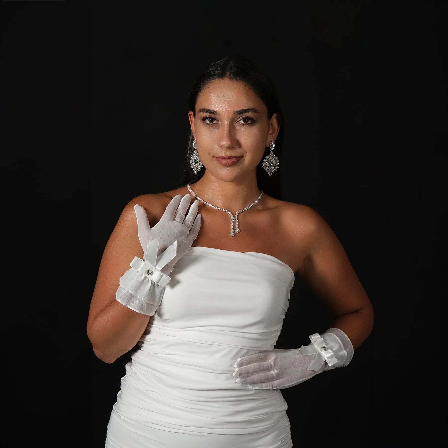 Tulle Bridal Gloves with Ribbons Ankle Length Tulle Wedding Gloves for Women