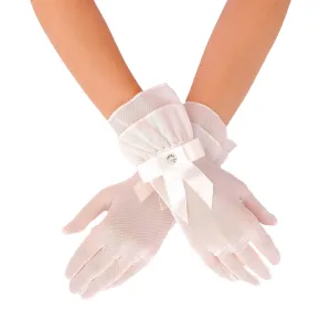 Tulle Bridal Gloves with Ribbons Ankle Length Tulle Wedding Gloves for Women