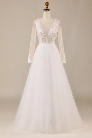 Tulle Ivory Long Sleeves Wedding Dress with Lace
