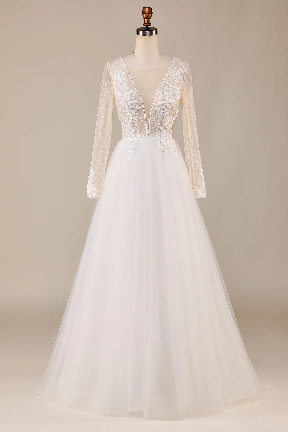 Tulle Ivory Long Sleeves Wedding Dress with Lace