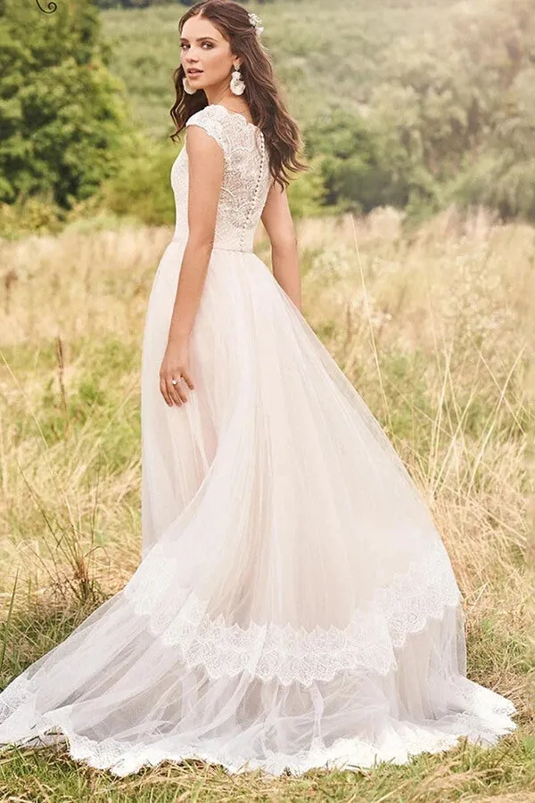 Tulle Lace A-line V-neck Cap Sleeves Rustic Wedding Dresses, Bridal Gown, MW751