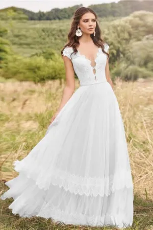 Tulle Lace A-line V-neck Cap Sleeves Rustic Wedding Dresses, Bridal Gown, MW751