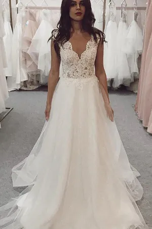 Tulle Lace A-line V-neck Cap Sleeves Wedding Dresses, Bridal Gown, MW637