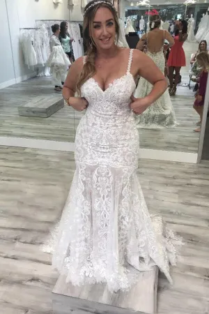 Tulle Mermaid Spaghetti Straps V-neck Backless Lace Wedding Dresses, MW891