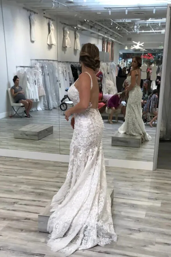 Tulle Mermaid Spaghetti Straps V-neck Backless Lace Wedding Dresses, MW891