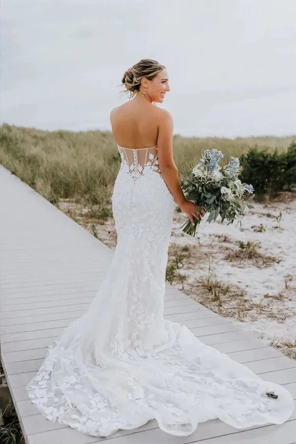 Tulle Mermaid Sweetheart Long Sleeves Lace Appliques Wedding Dresses, MW1014