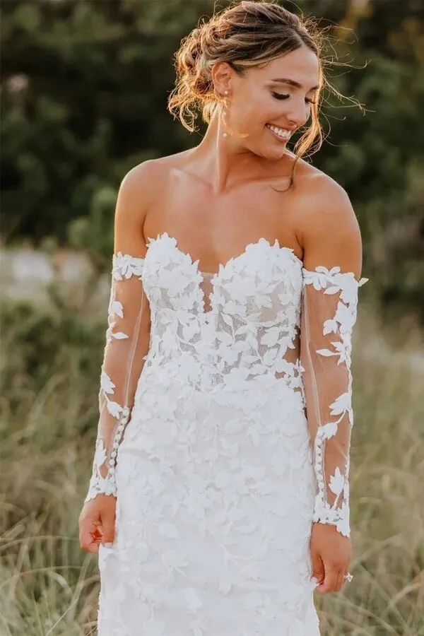Tulle Mermaid Sweetheart Long Sleeves Lace Appliques Wedding Dresses, MW1014