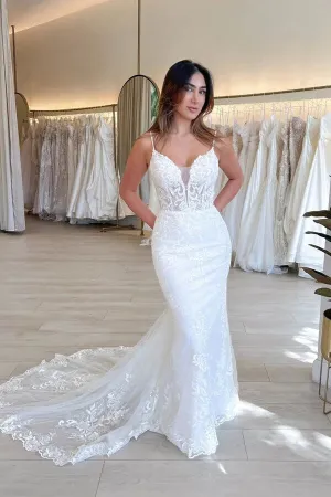Tulle Mermaid V-neck Lace Appliques Wedding Dresses, Bridal Gown, MW927