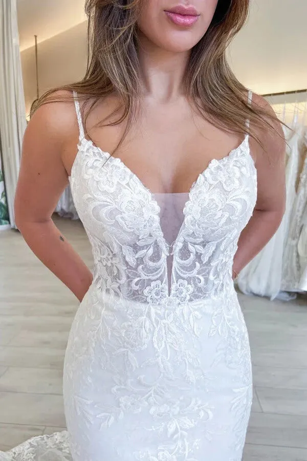 Tulle Mermaid V-neck Lace Appliques Wedding Dresses, Bridal Gown, MW927