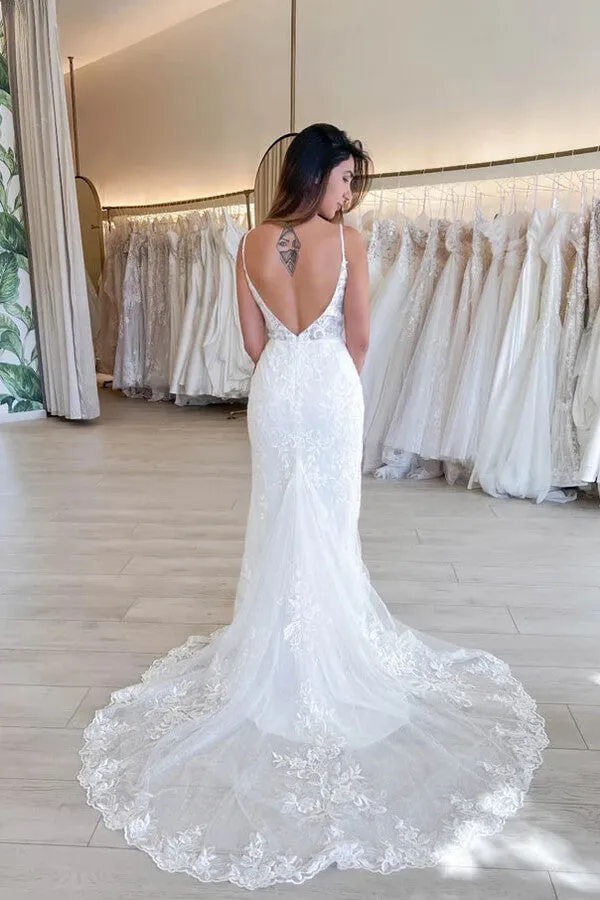 Tulle Mermaid V-neck Lace Appliques Wedding Dresses, Bridal Gown, MW927