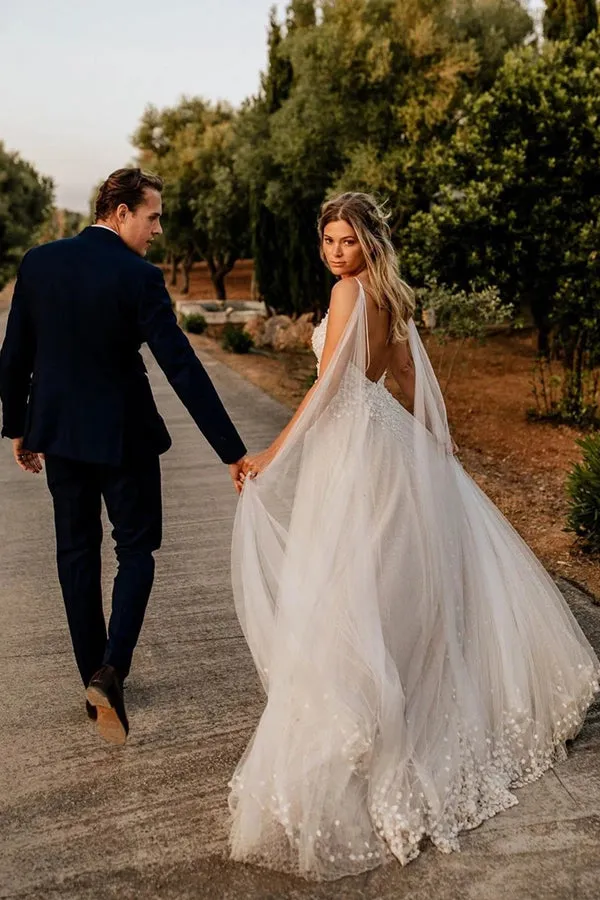 Tulle Open Back Spaghetti Straps Wedding Dresses Romantic Bridal Dresses,MW502