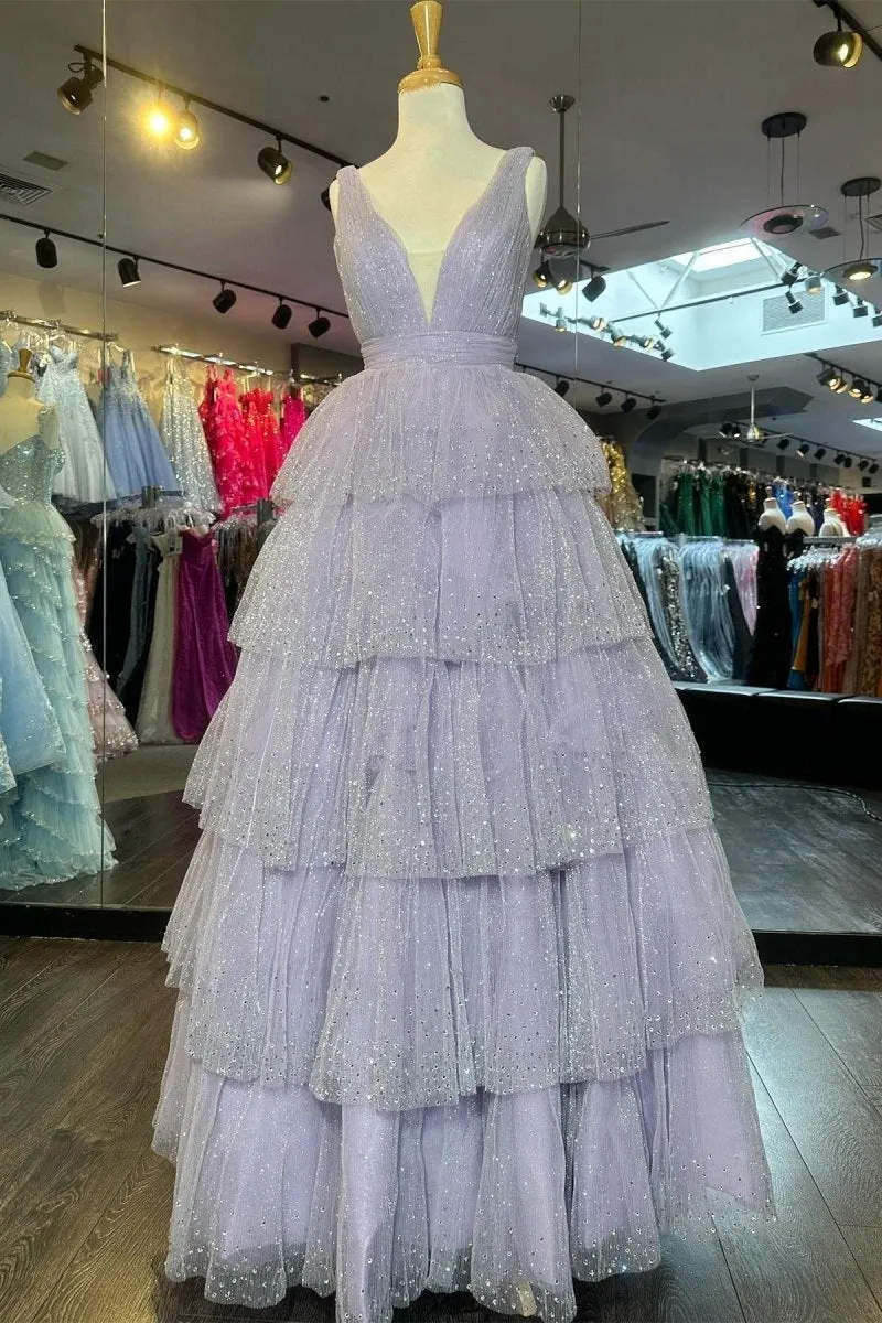 Tulle Sequin V-Neck Ruffle Tie Long Prom Dresses
