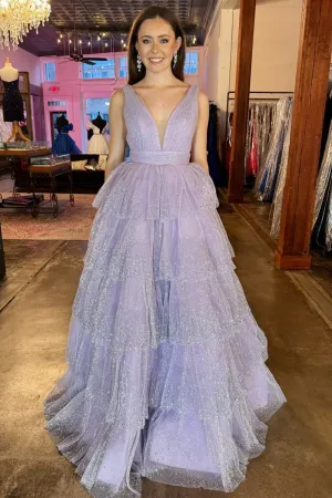 Tulle Sequin V-Neck Ruffle Tie Long Prom Dresses