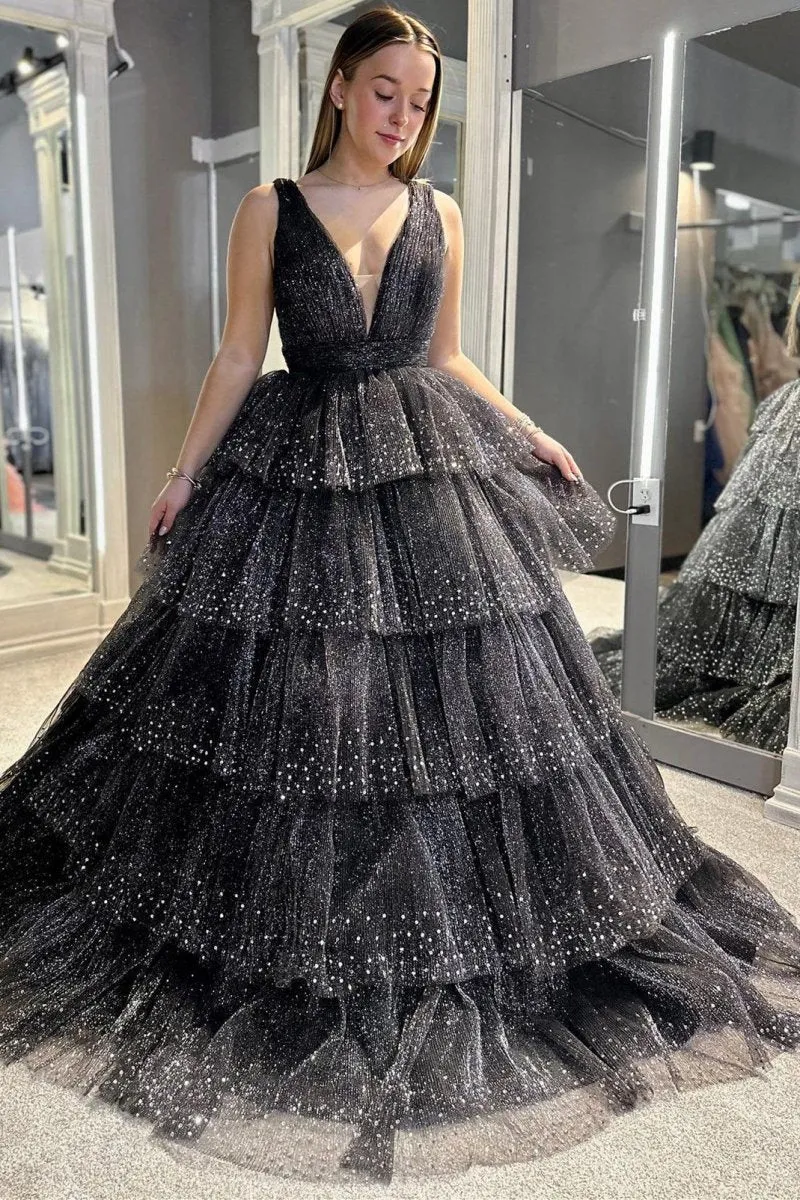 Tulle Sequin V-Neck Ruffle Tie Long Prom Dresses