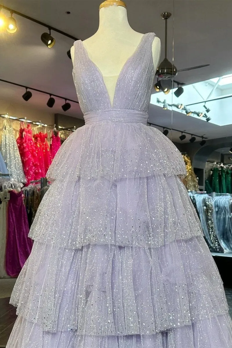 Tulle Sequin V-Neck Ruffle Tie Long Prom Dresses