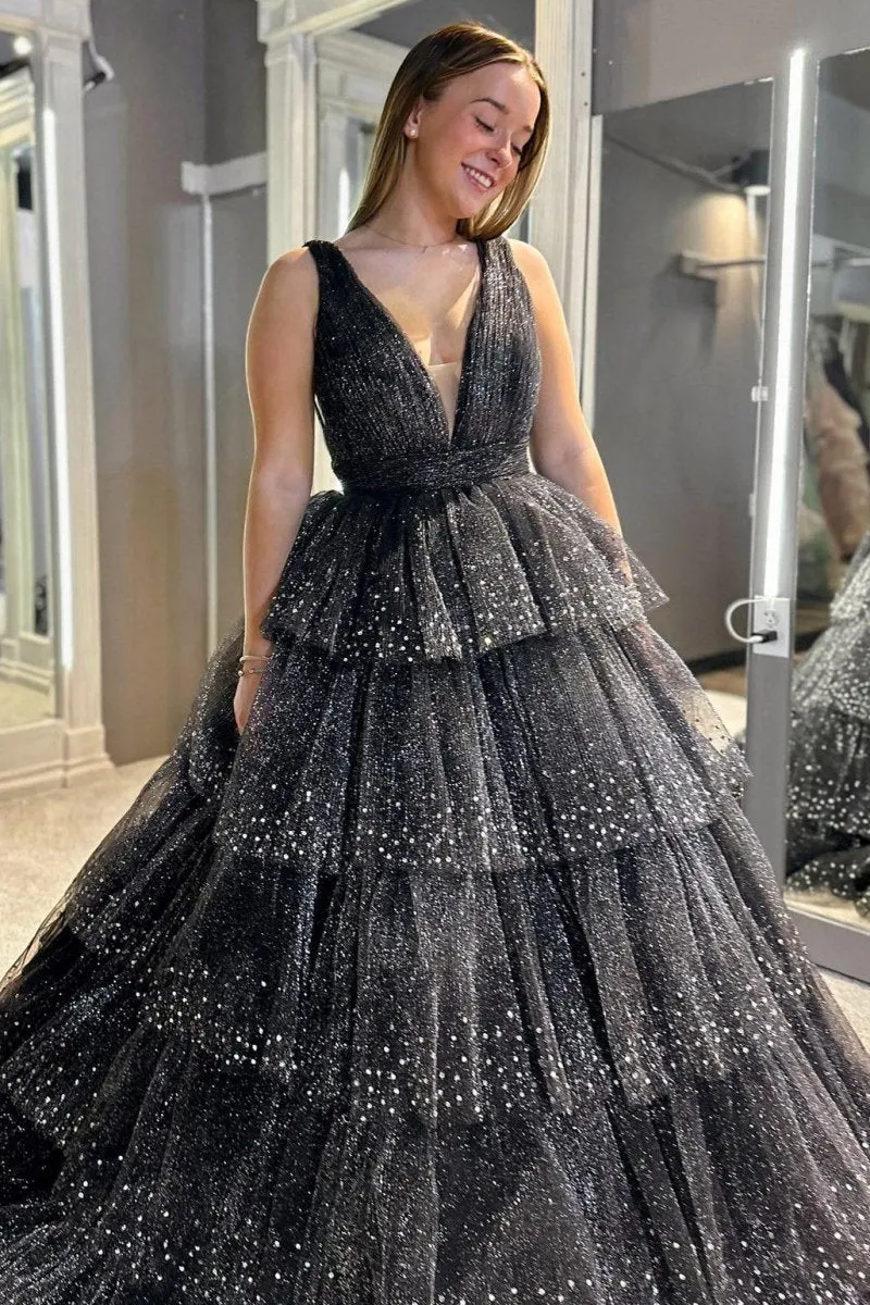 Tulle Sequin V-Neck Ruffle Tie Long Prom Dresses