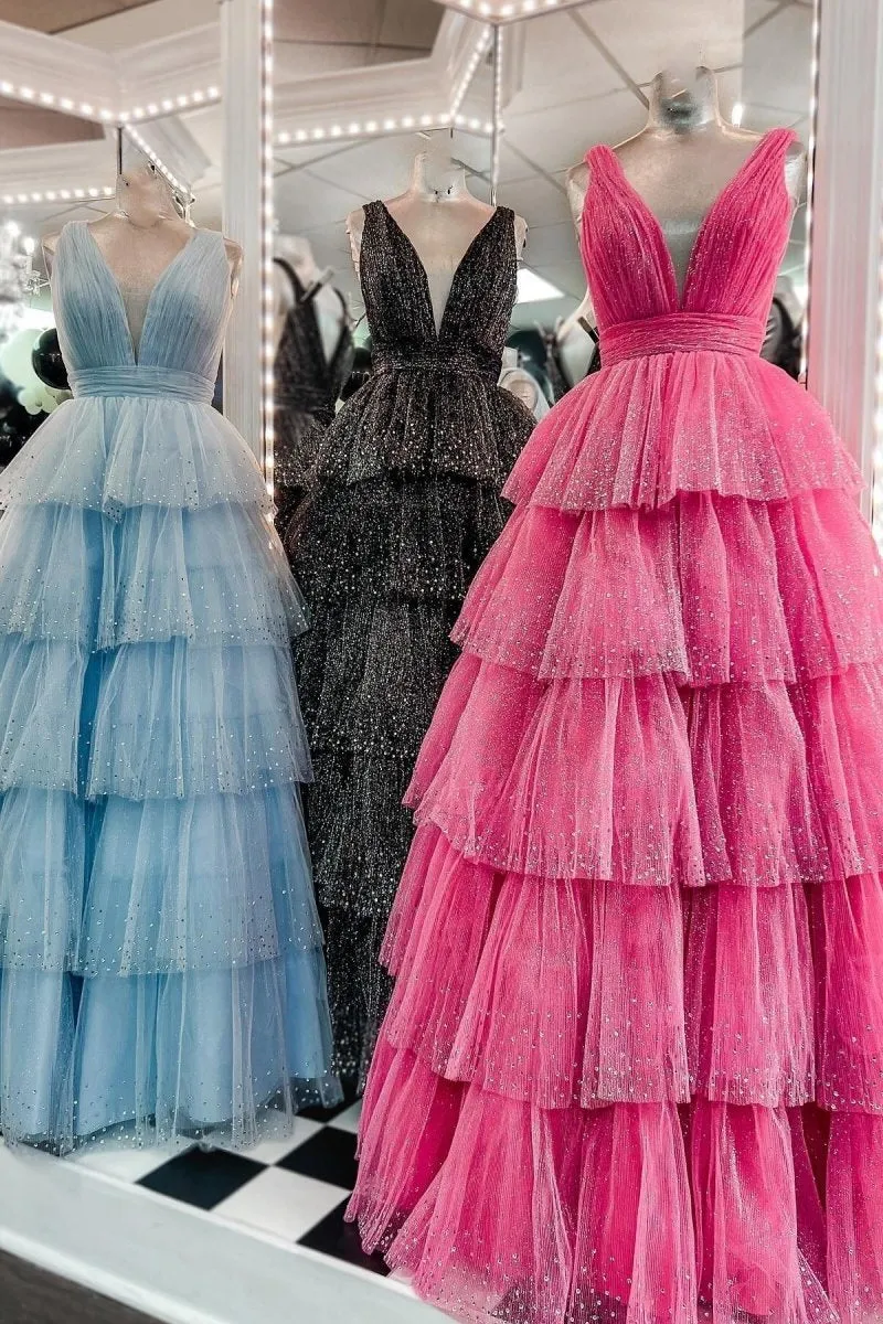 Tulle Sequin V-Neck Ruffle Tie Long Prom Dresses