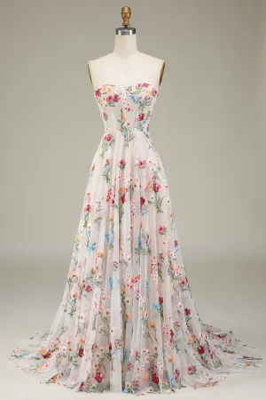 Tulle Strapless Sweep Train Ivory Long Wedding Dress with Embroidery