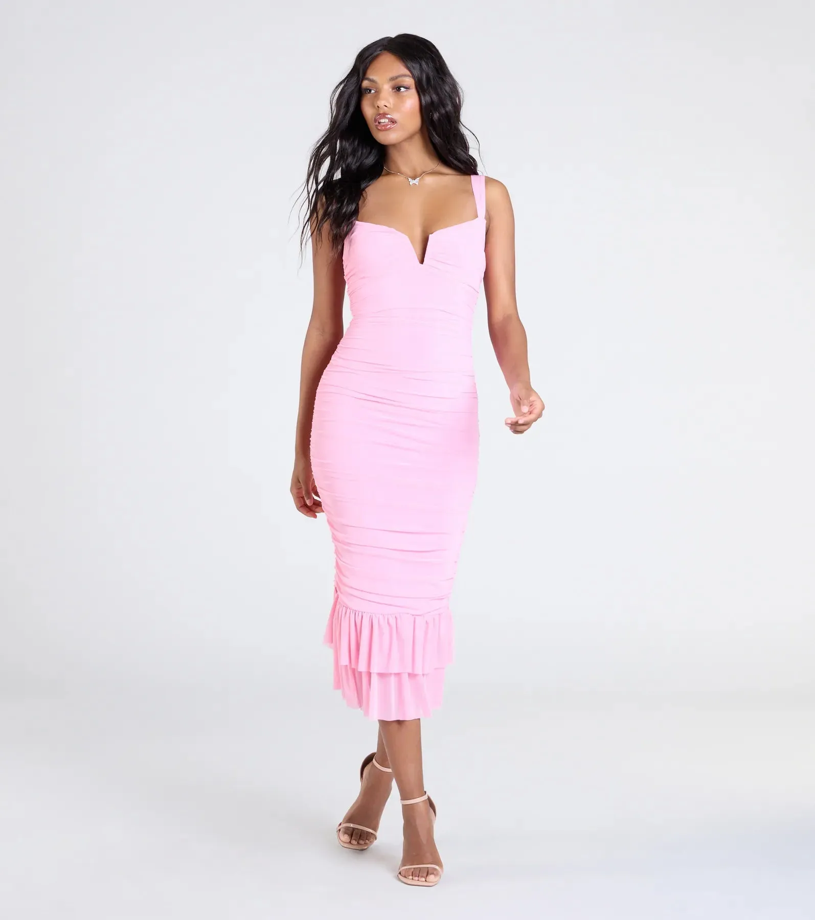 Turn On The Charm Ruffled Mesh Midi Dress