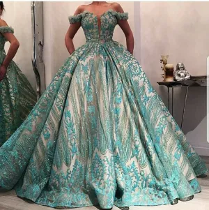 turquoise blue prom dress ball gown 2020 handmade flower sequin appliqué prom gown vestido de graduation