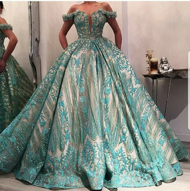 turquoise blue prom dress ball gown 2020 handmade flower sequin appliqué prom gown vestido de graduation