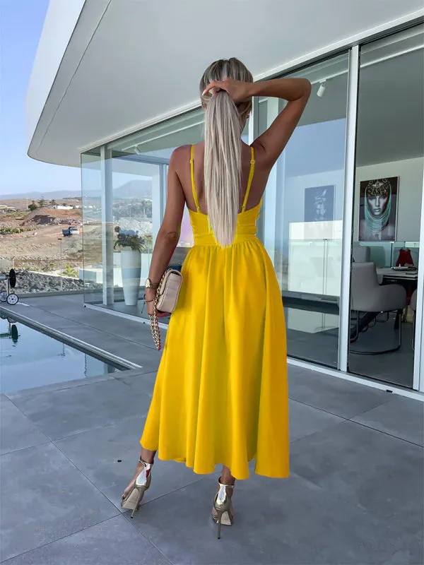 Twisted Front Midi Dress with Cut-Out and High Slit