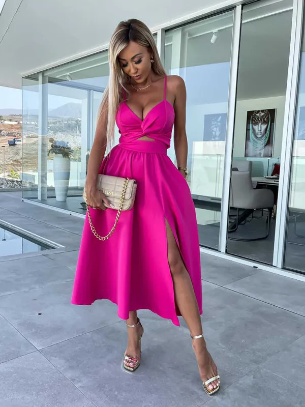 Twisted Front Midi Dress with Cut-Out and High Slit