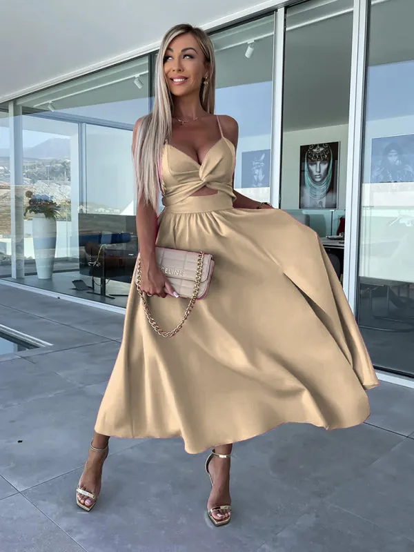 Twisted Front Midi Dress with Cut-Out and High Slit