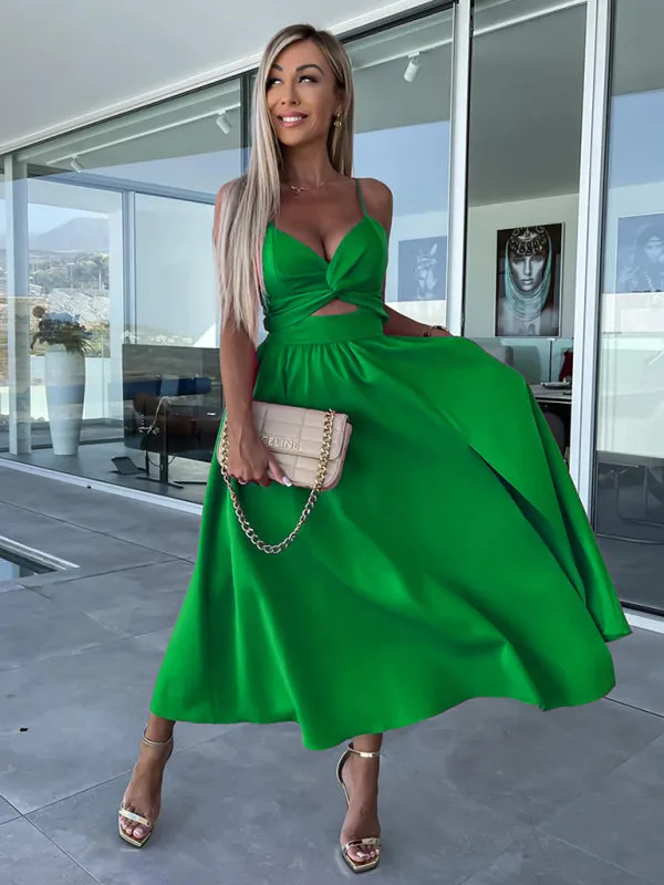 Twisted Front Midi Dress with Cut-Out and High Slit