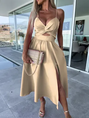 Twisted Front Midi Dress with Cut-Out and High Slit