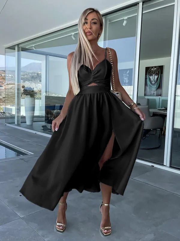 Twisted Front Midi Dress with Cut-Out and High Slit