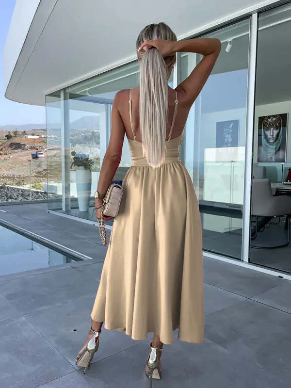 Twisted Front Midi Dress with Cut-Out and High Slit