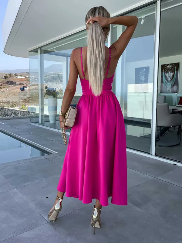 Twisted Front Midi Dress with Cut-Out and High Slit