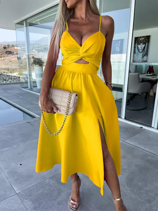 Twisted Front Midi Dress with Cut-Out and High Slit