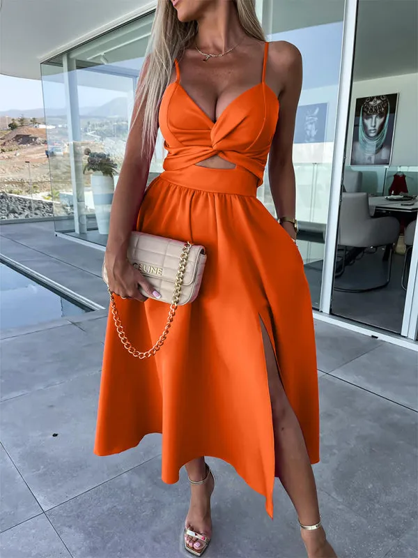 Twisted Front Midi Dress with Cut-Out and High Slit