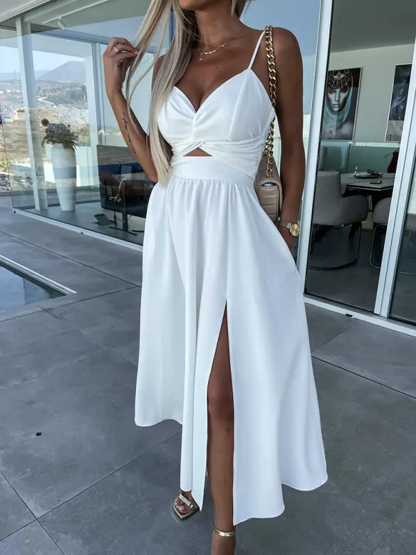 Twisted Front Midi Dress with Cut-Out and High Slit
